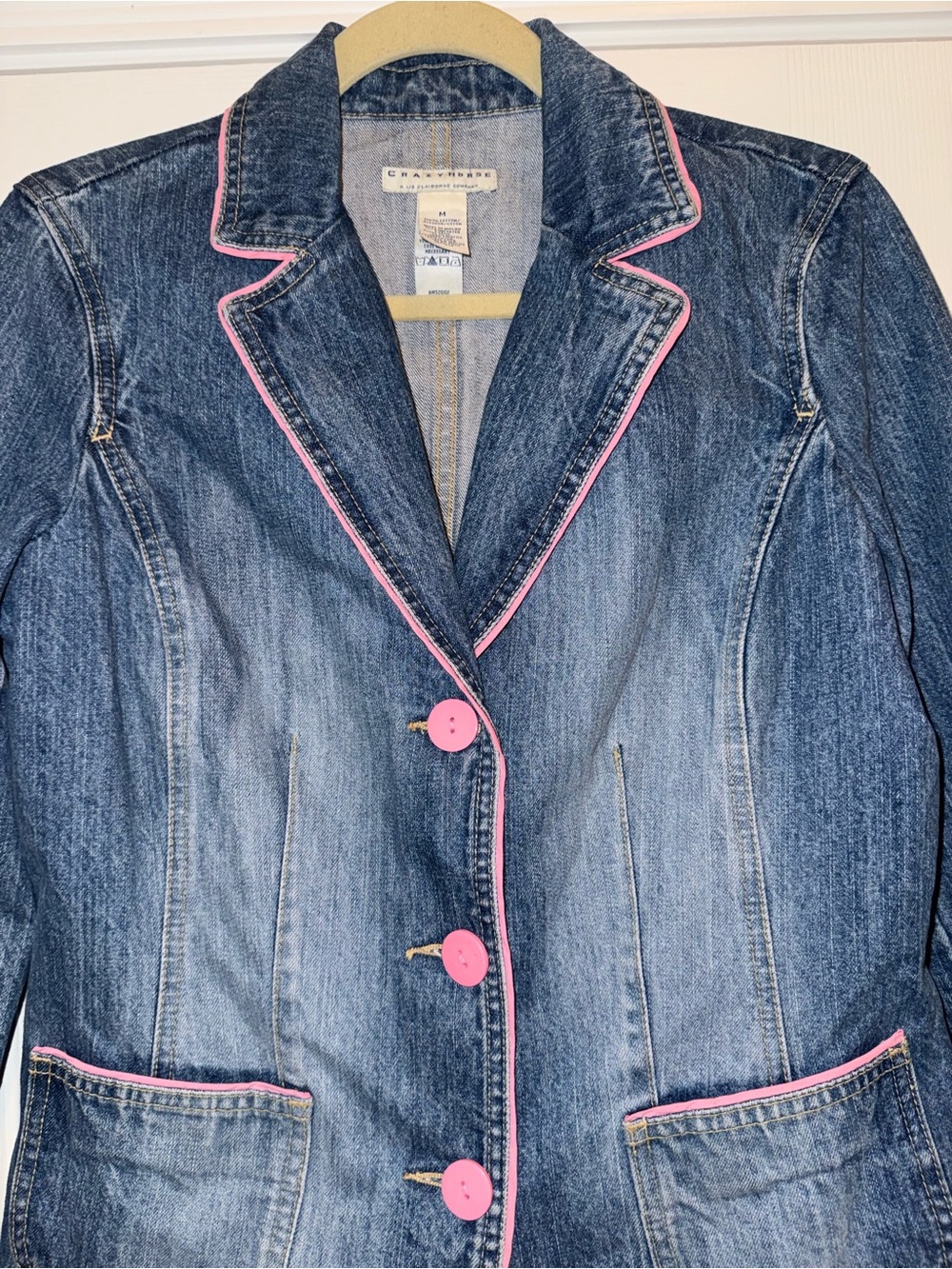 Crazy Horse Denim Blazer Jean Jacket Pink Trim Button Front Medium Y2K - Picture 3 of 10